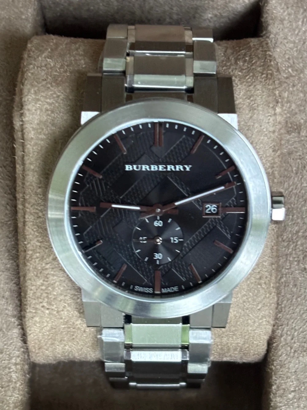 Burberry Silver Black Dial Heritage Watch, Like New with Box